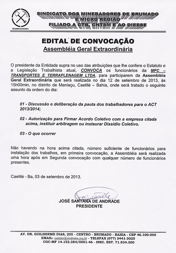 Edital de Convocação - Assembléia Geral Extraordinária - MPC Transporte e Terraplanagem LTDA