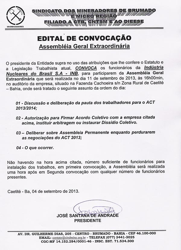 Edital de Convocação - Assembléia Geral Extraordinária - Indústria Nucleares do Brasil S.A - INB