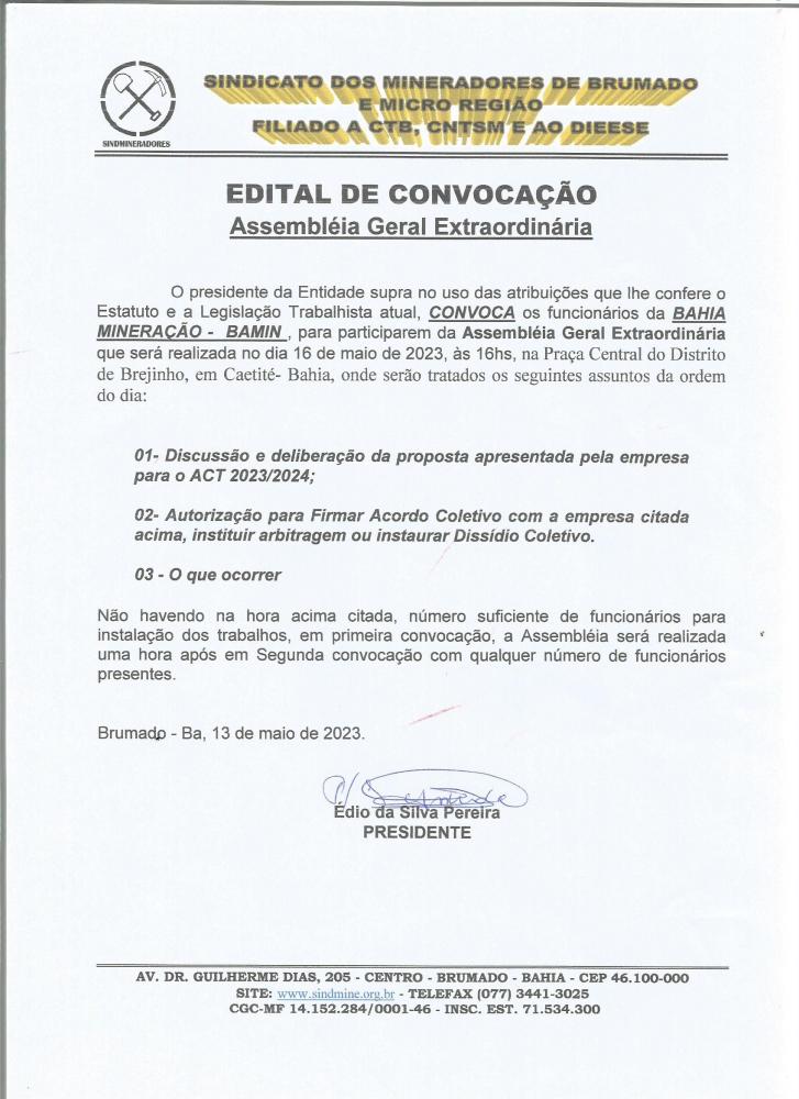 Edital de Convocação - Assembléia Geral Extraordinária - Bahia Mineração - BAMIN