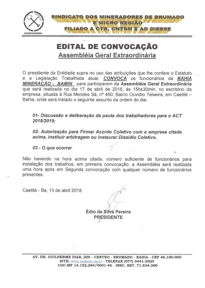 Edital de Convocação - Assembléia Geral Extraordinária - Bahia Mineração - BAMIN